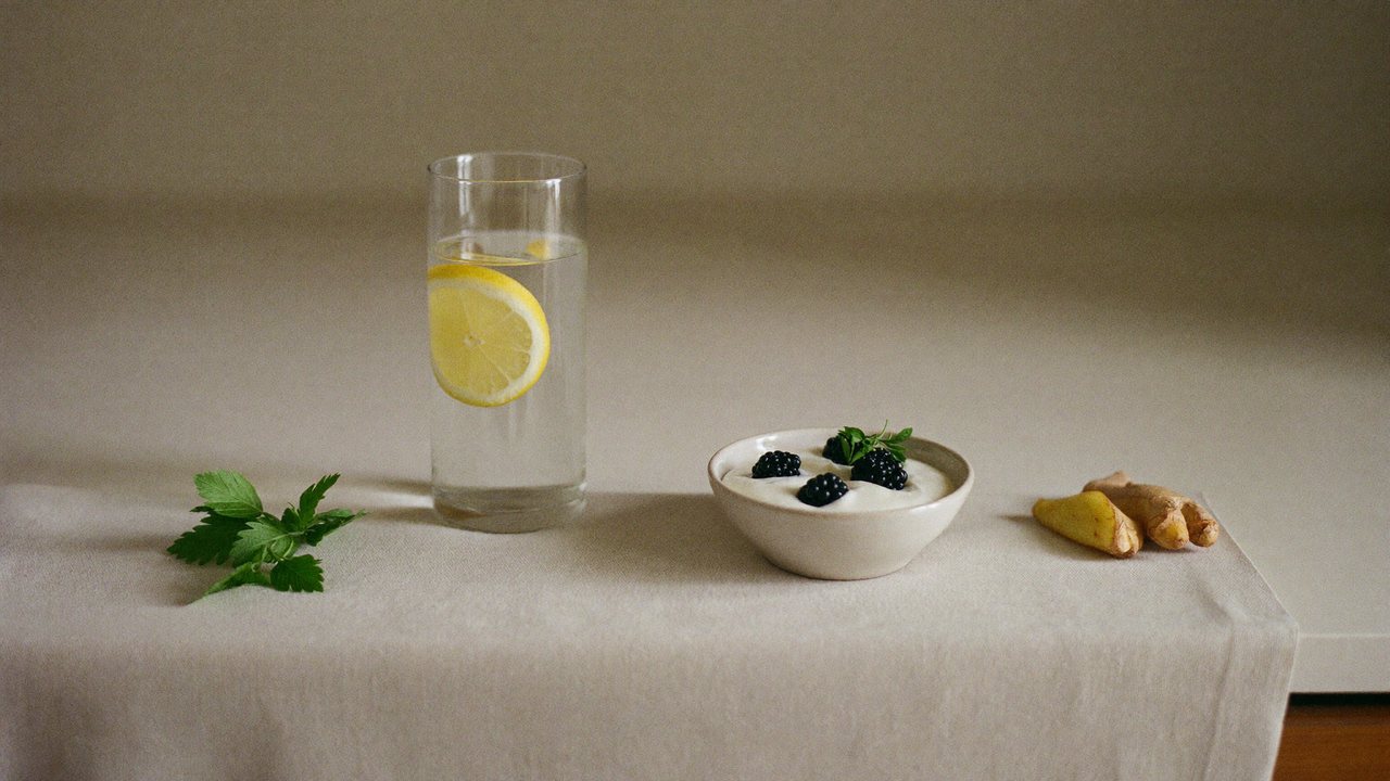 A calm still life: a glass of lemon water, a bowl of plain yogurt with berries, fresh mint and ginger on linen.