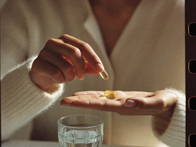 A daily supplement capsule with a glass of water